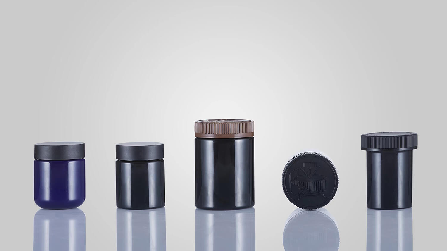 Child-resistant cap jars available in assorted molds and sizes.