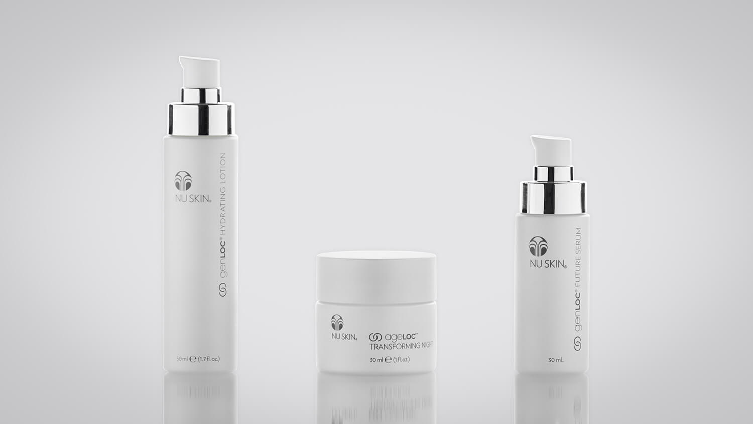 Custom molded lotion, cream, and serum bottles by Nu Skin.