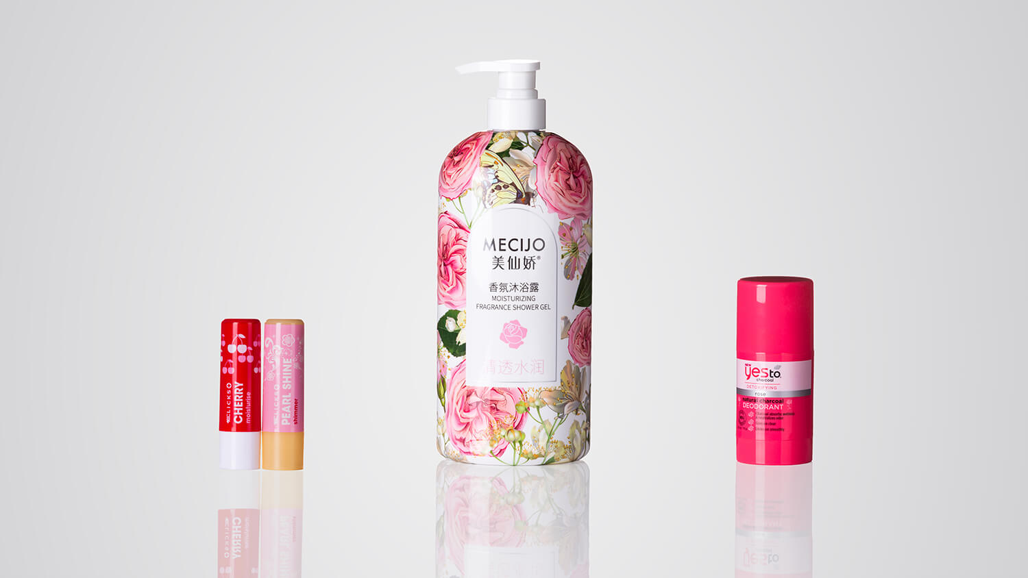 Custom branded PCR bottles, shower gel and deodorant by Evergreen Resources.