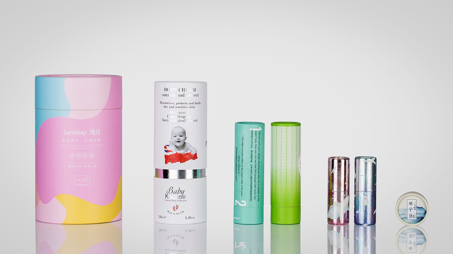 Sustainable paper tubes with customizable decoration, branding, and eco-friendly construction.