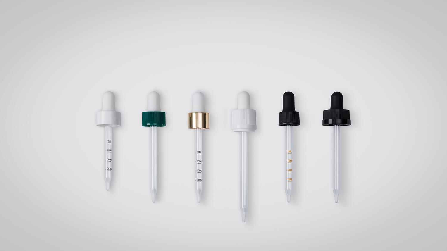 Dropper pipettes with measurement markings, available in multiple colors and customizable designs.