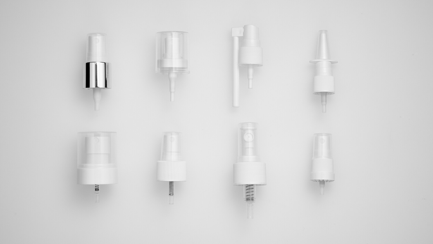 Fine mist sprayer caps in popular standard styles for bottles across personal care and household products.