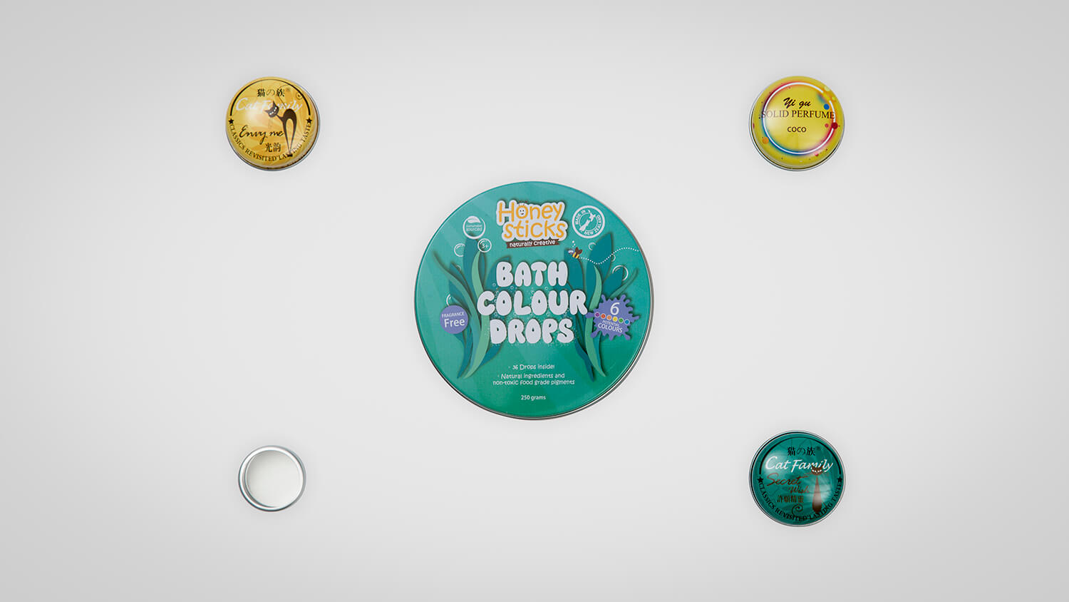 Aluminum jars with printed designs, logos, and multicolor finishes.
