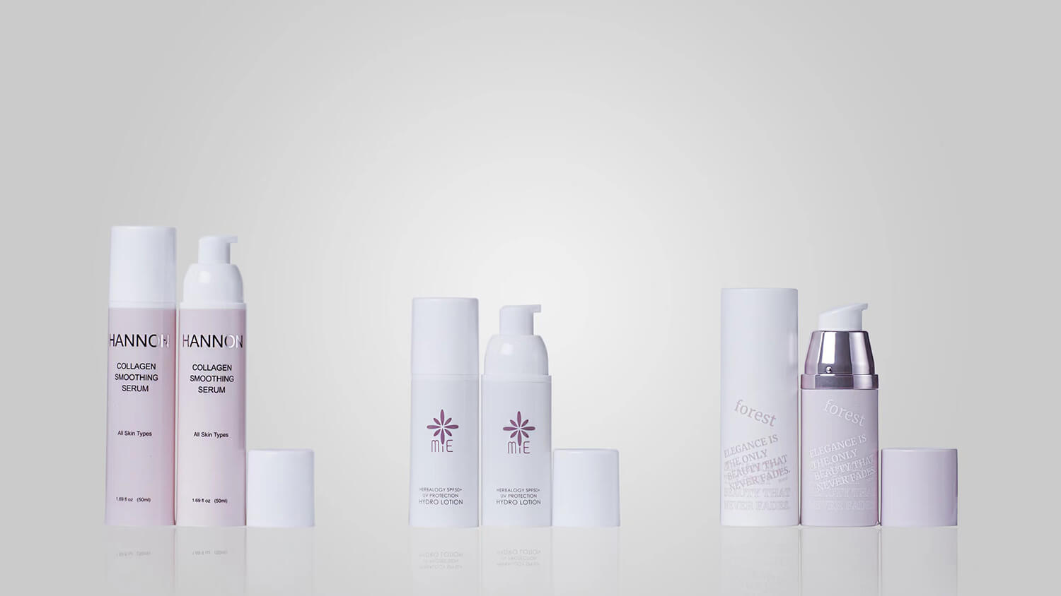 Silkscreen printed airless containers showing crisp single-color logos and text.