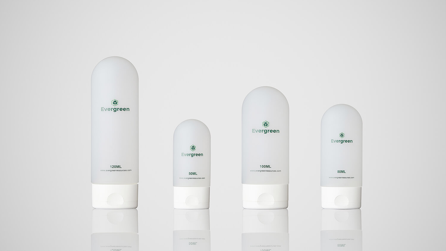 Soft-touch plastic bottles in 50ml, 80ml, 100ml, and 120ml sizes with Evergreen branding.