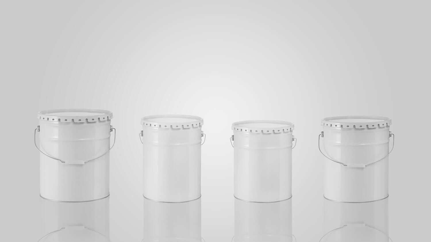 Closed steel pails with lids and handles in assorted sizes.