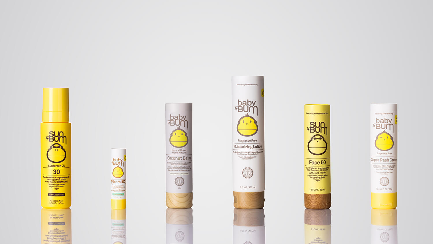Sun Bum branded tube packaging for moisturizing lotion, sunscreen, and diaper rash care.