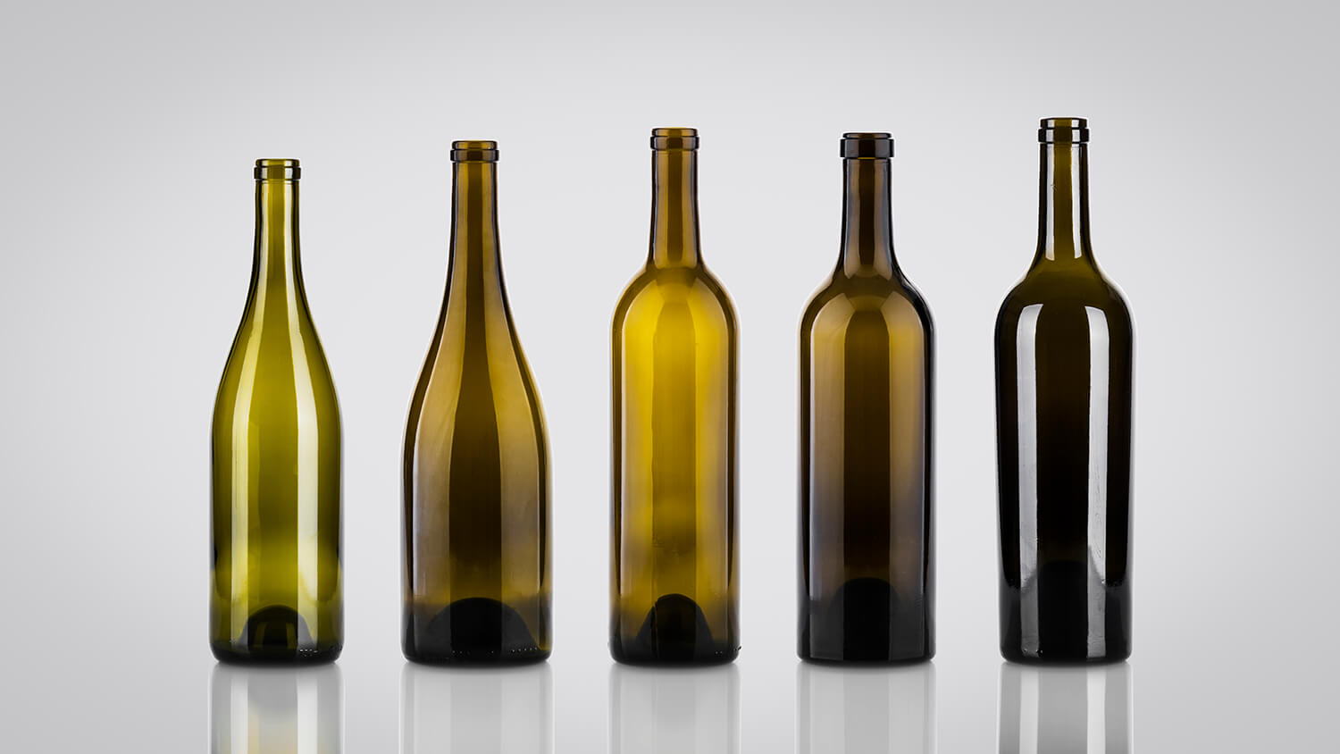 Glass bottles for wine and champagne in varied sizes and shapes.