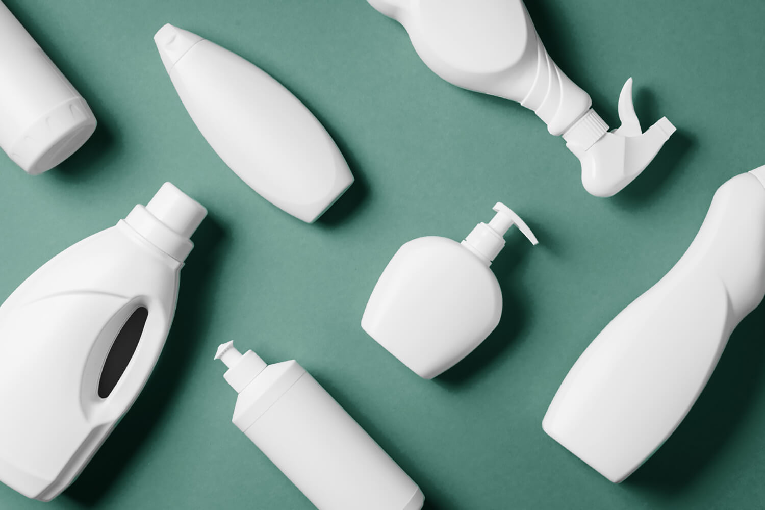 Home care products including cleaning products, soap bottles, detergent, etc.