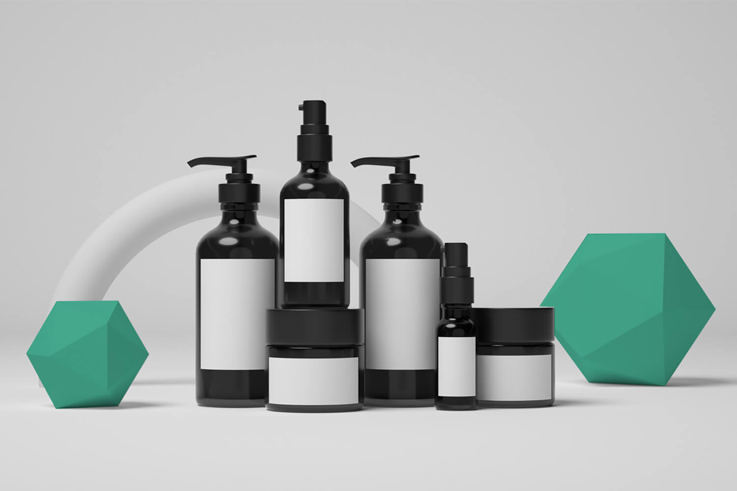 Personal care products, including soap bottles, cream bottles, and serums, on display, with colored designs in the background