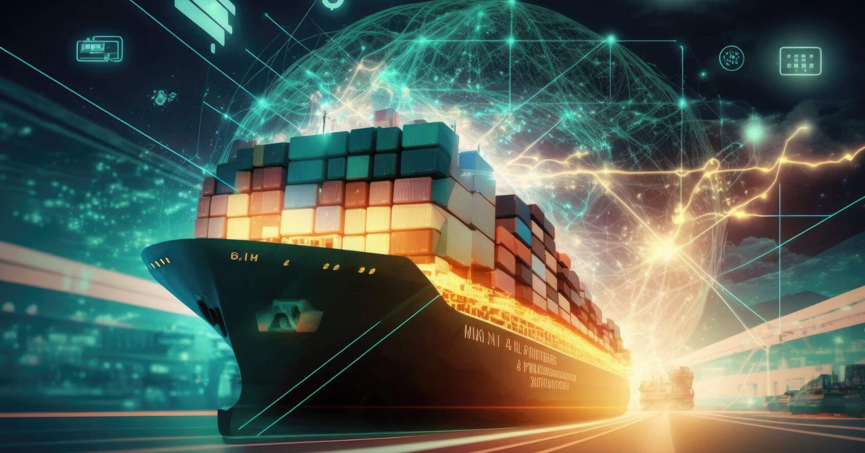 Freight boat with shipping containers with logistics and management designs around it.