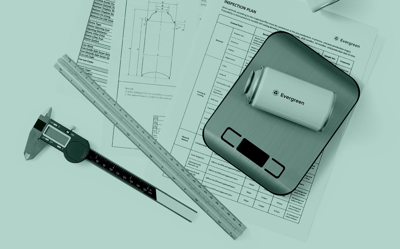 Quality control and assurance, with dimension blueprints, a quality inspection sheet, a scale, and measurement tools.