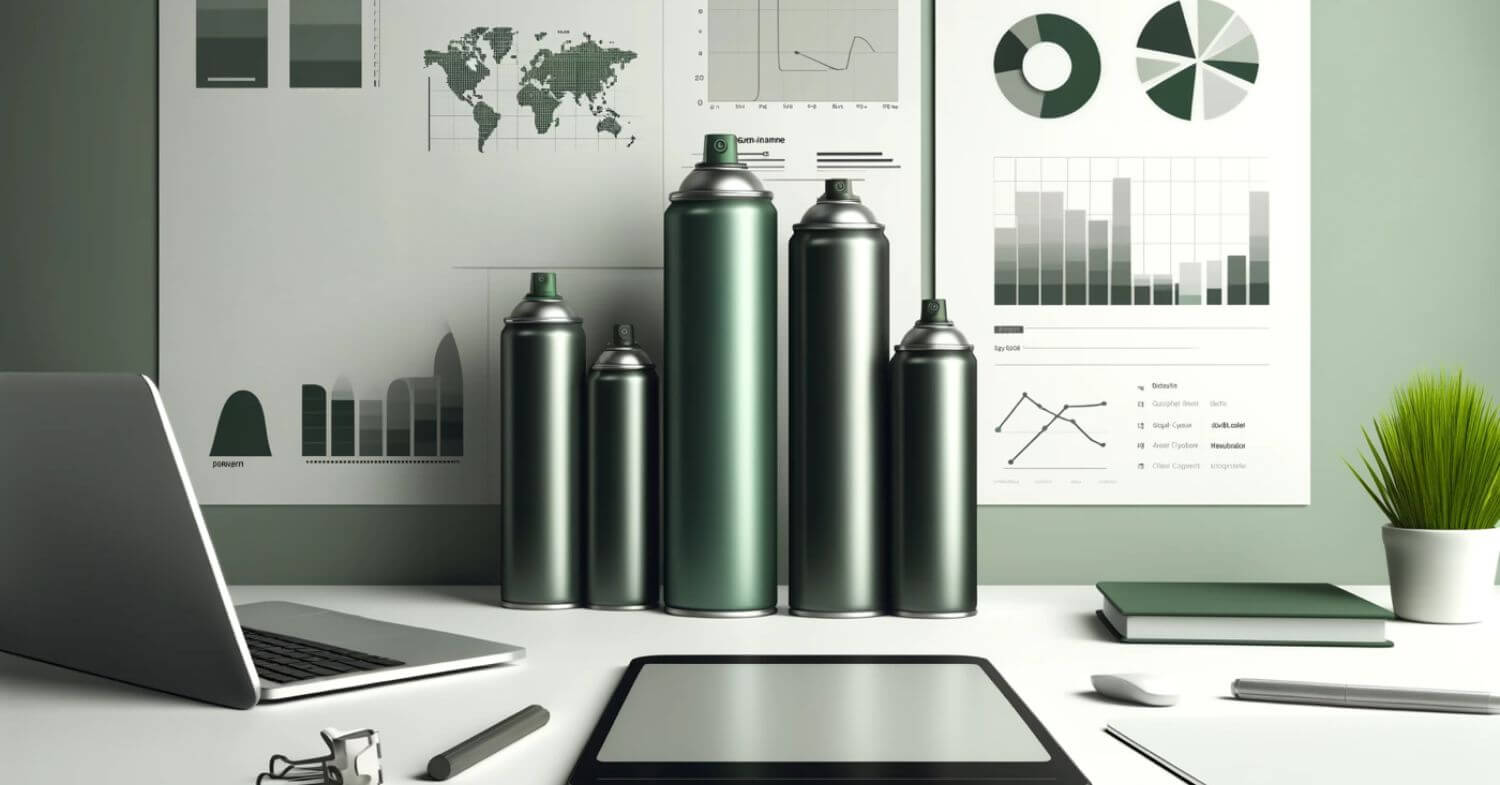 Aerosol-Market-Anlaysis-Cover Aerosol cans on a desk with graphs representing market analysis behind.