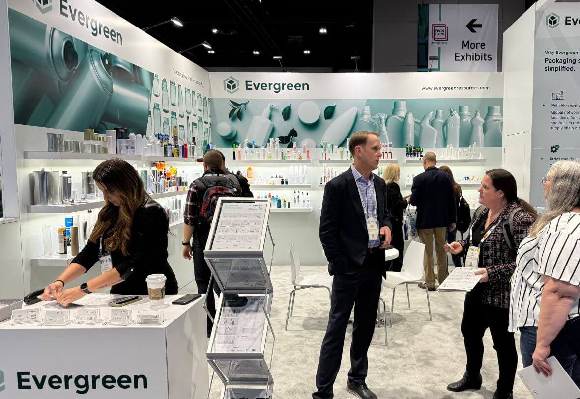 Evergreen Resources, booth at pack expo 2024, with multiple people visiting the booth.