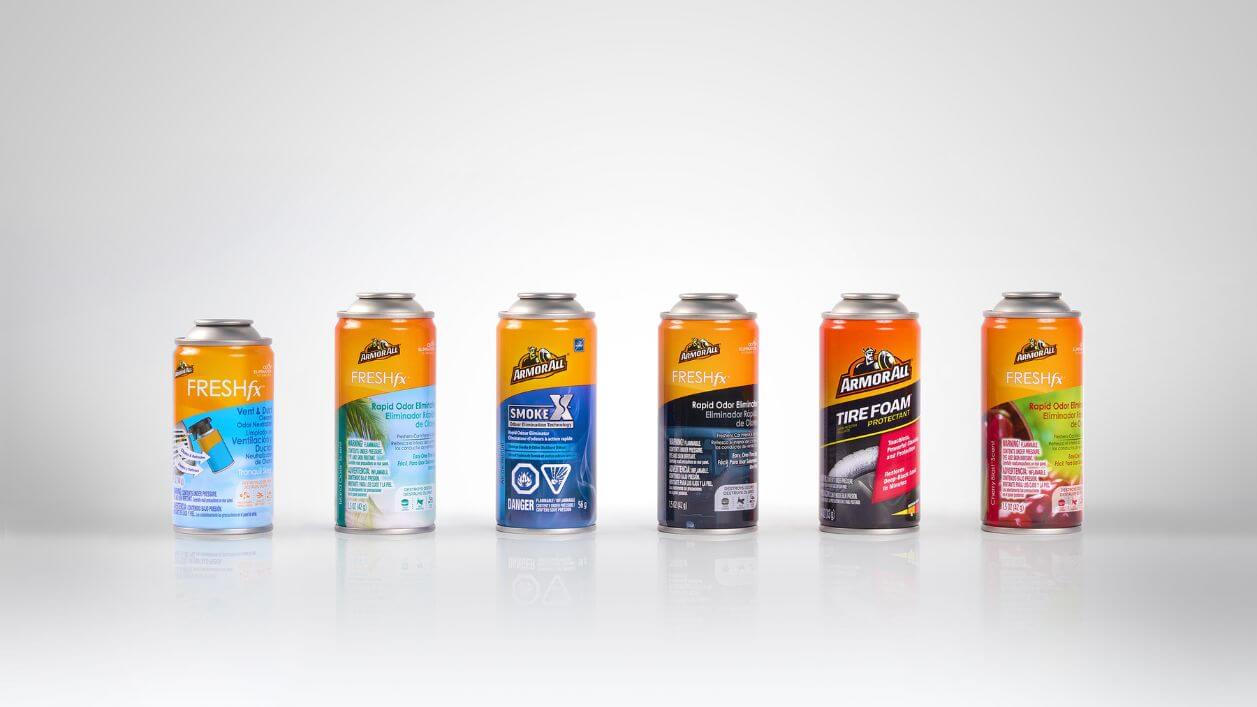 Armor All printed steel aerosol cans with advanced decorations and designs.