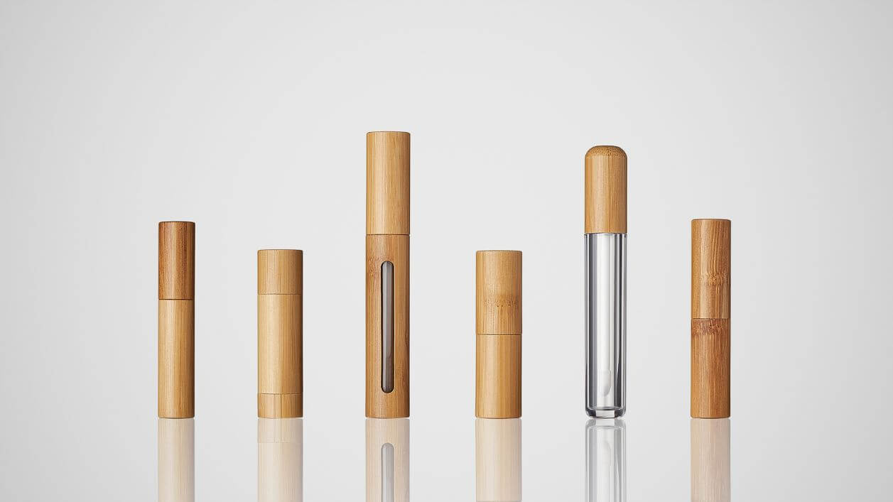 Eco-friendly cosmetic packaging combining bamboo and plastic for sustainable beauty solutions.
