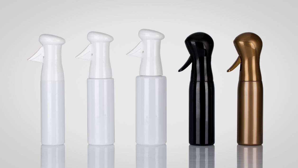 Continuous spray trigger sprayers in multiple ergonomic shapes for comfortable use.