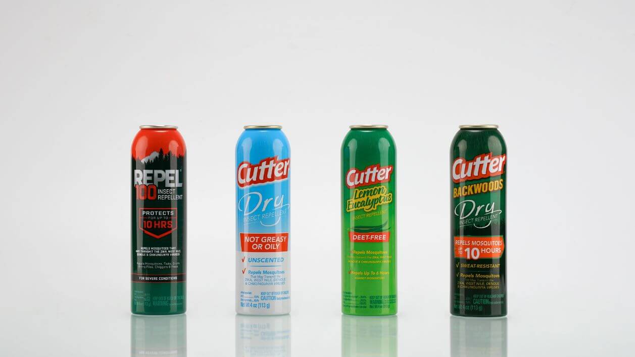 Repel and Cutter bug spray aluminum cans, printed with advanced branding.