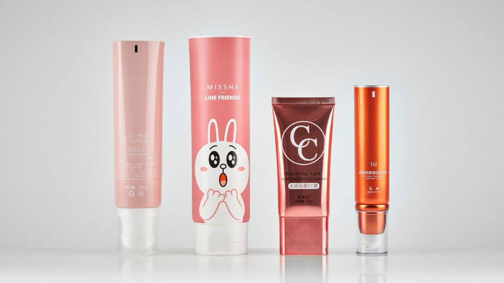 Laminated personal care tube designs, with a variety of colors and designs.