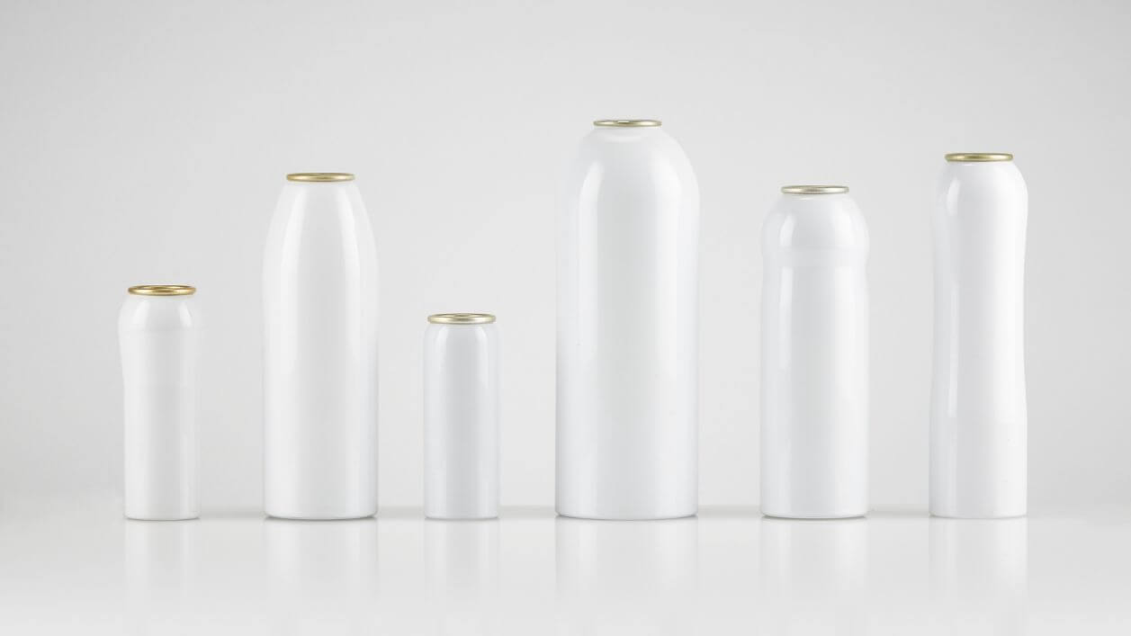 White aluminum aerosol cans available in various sizes for diverse applications.