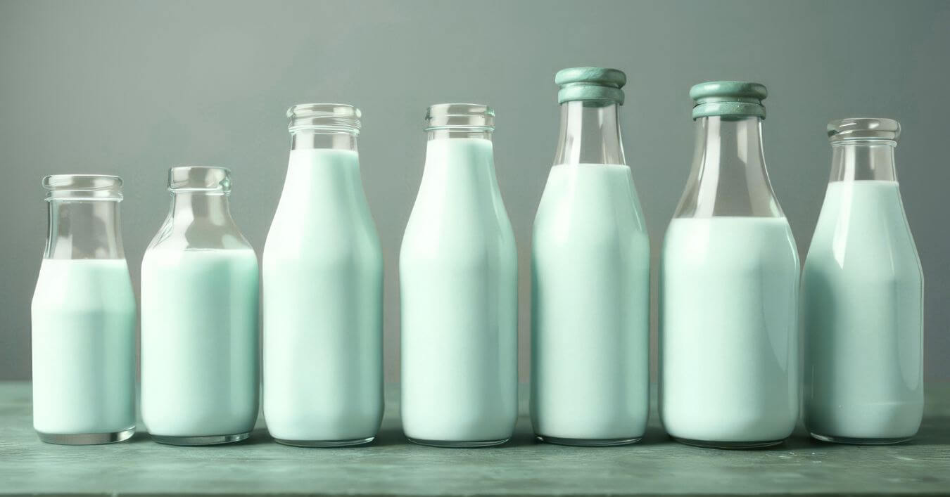 Glass beverage bottles in different sizes and shapes.