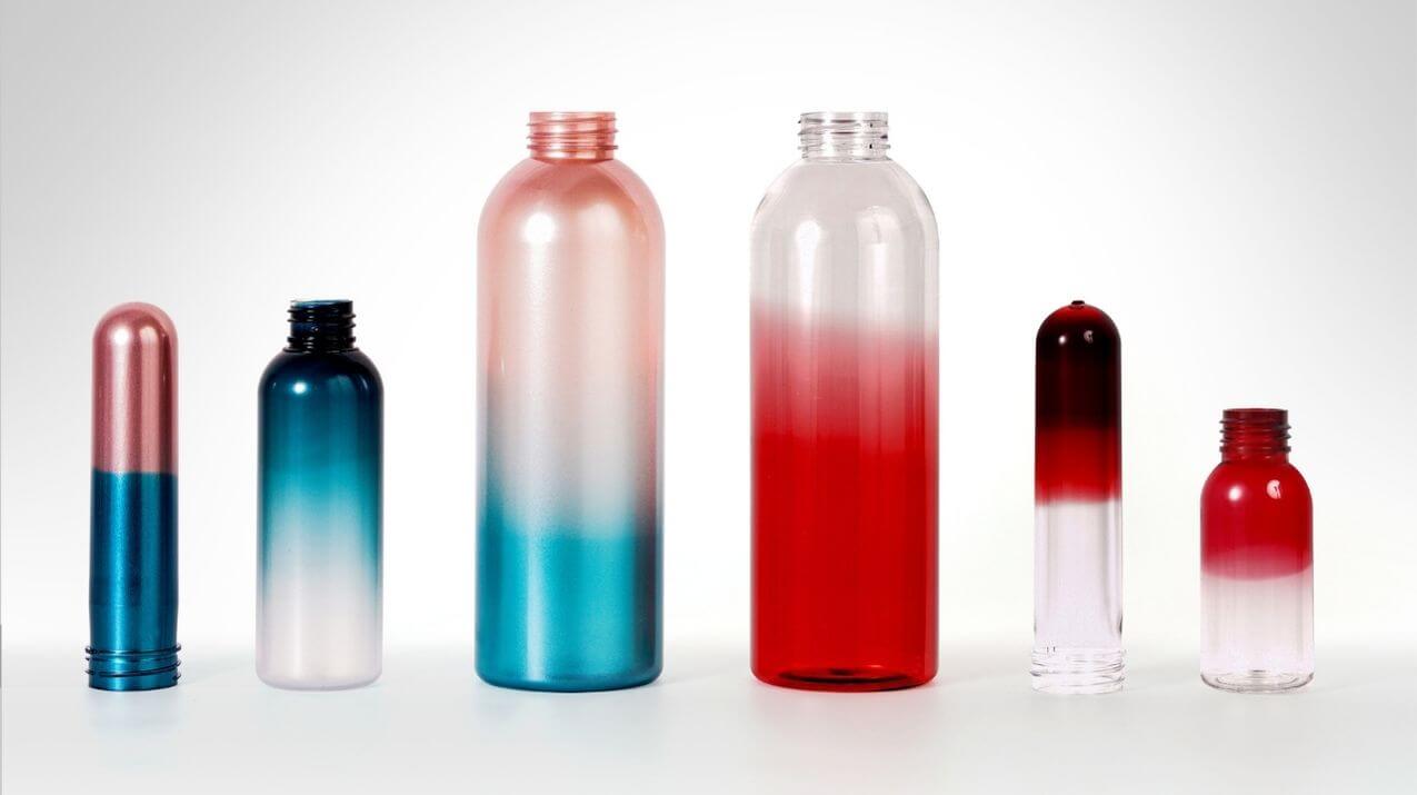 Plastic bottles with gradient decoration effects by Evergreen Resources.