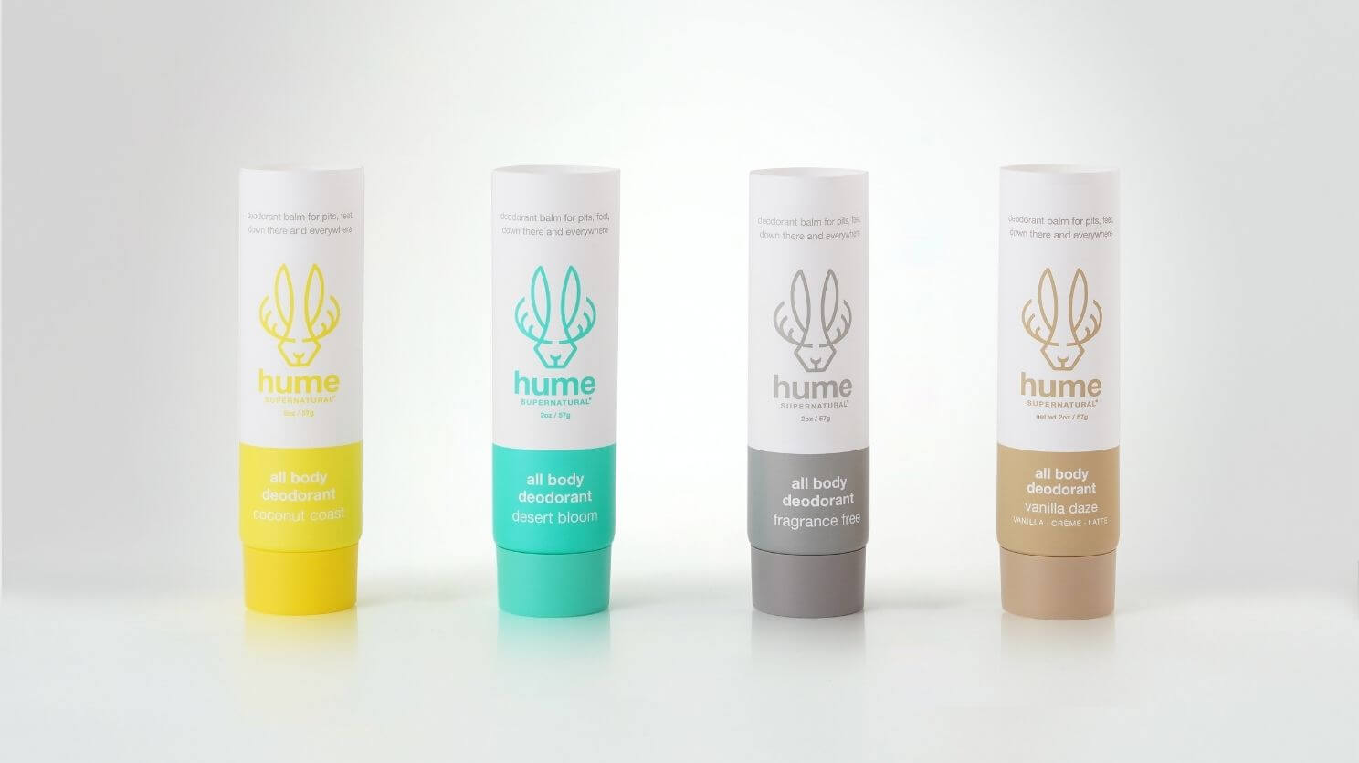 PCR deodorant tubes for Hume made with sustainable recycled materials.