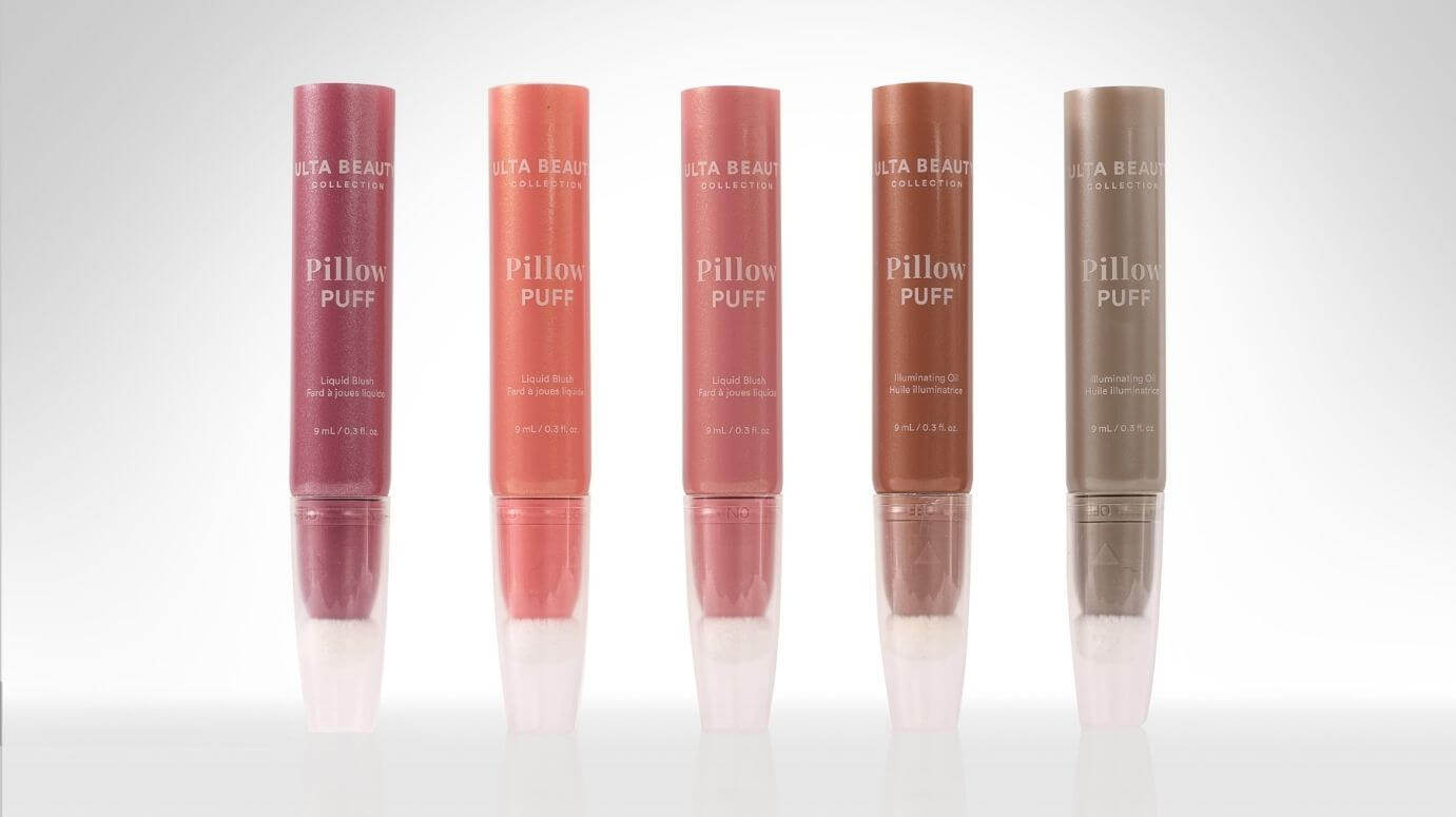 Branded pillow puff cosmetic tubes by Evergreen, featuring decorative finishes and unique design options.