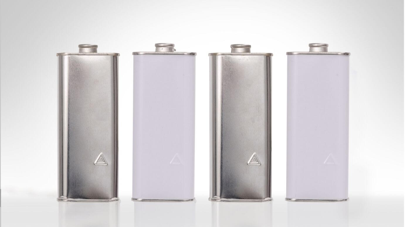 Steel cans with logo embossing shown in multiple colors.