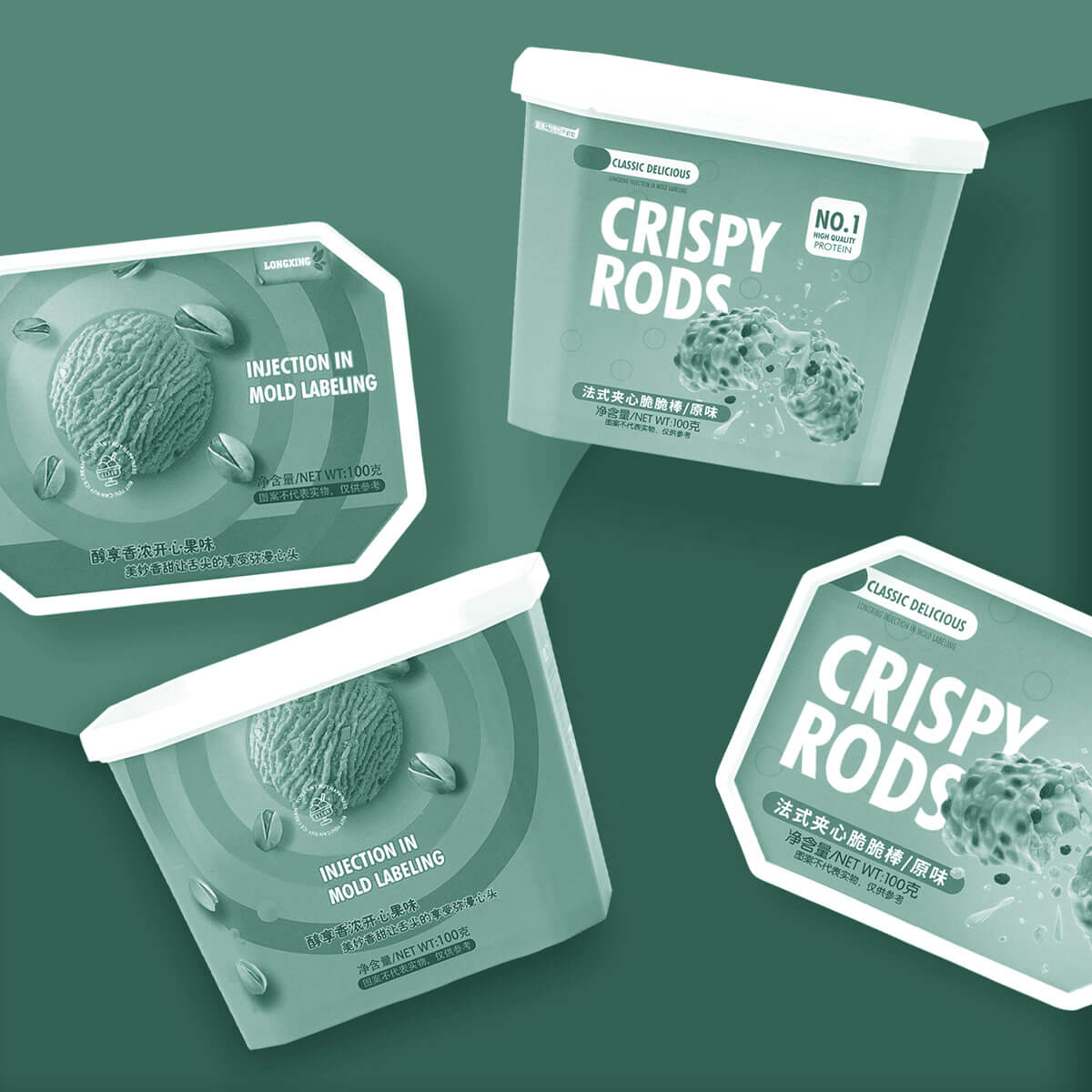 In-Mold labeling boxes, with decorations and branding.