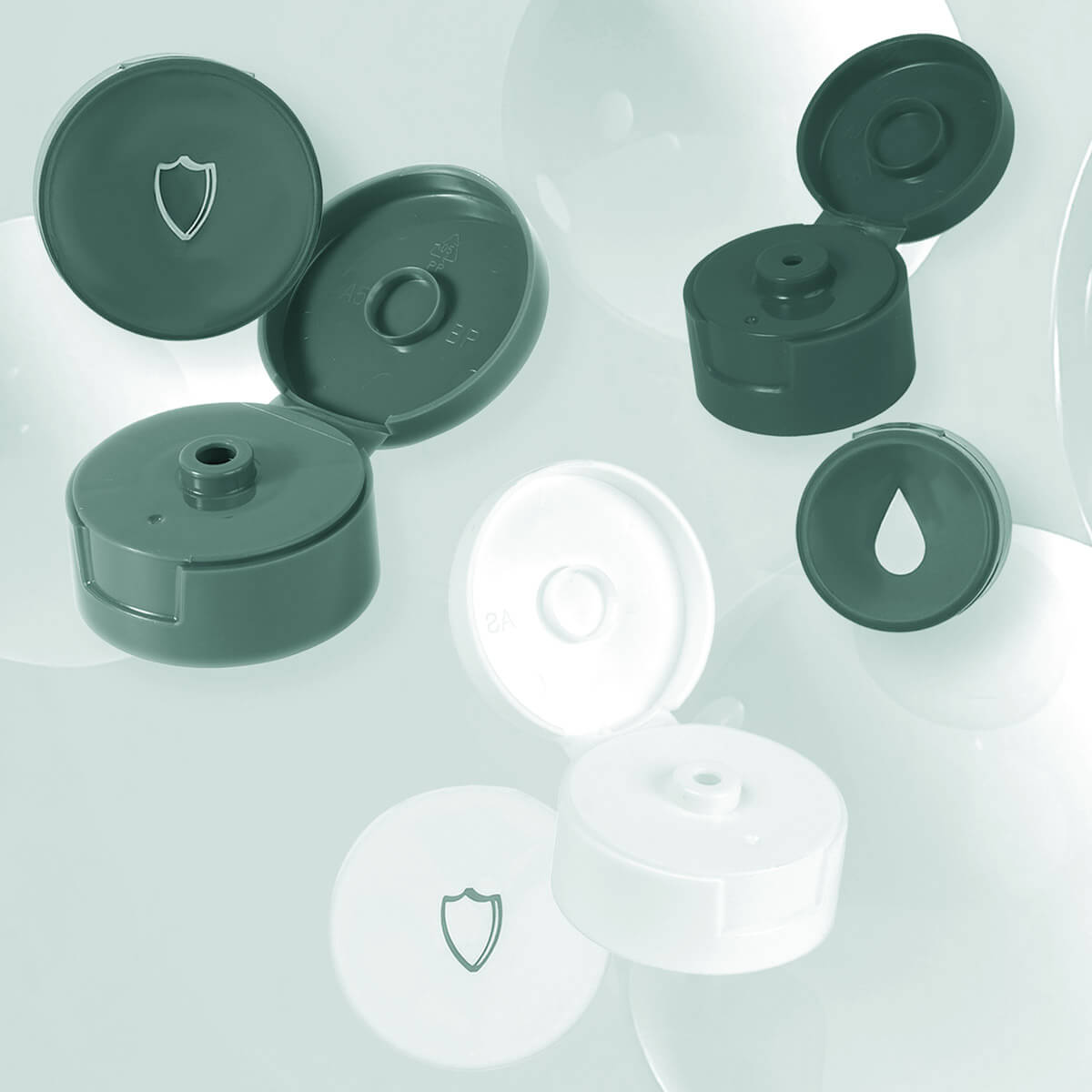 Pad printed caps with a water drop.