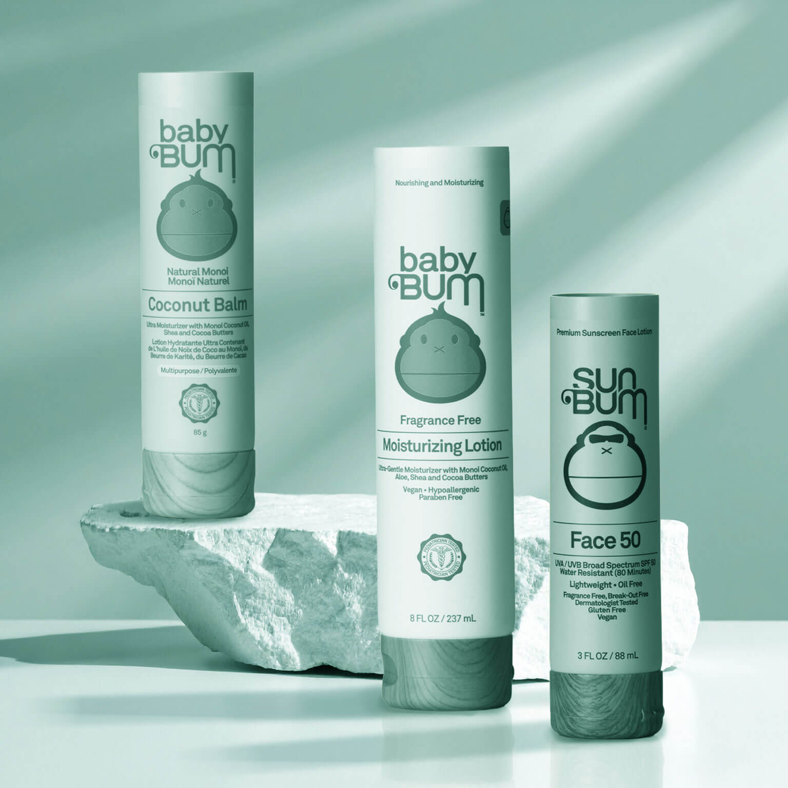 Baby bum branded lotion and sunscreen bottles by Evergreen.