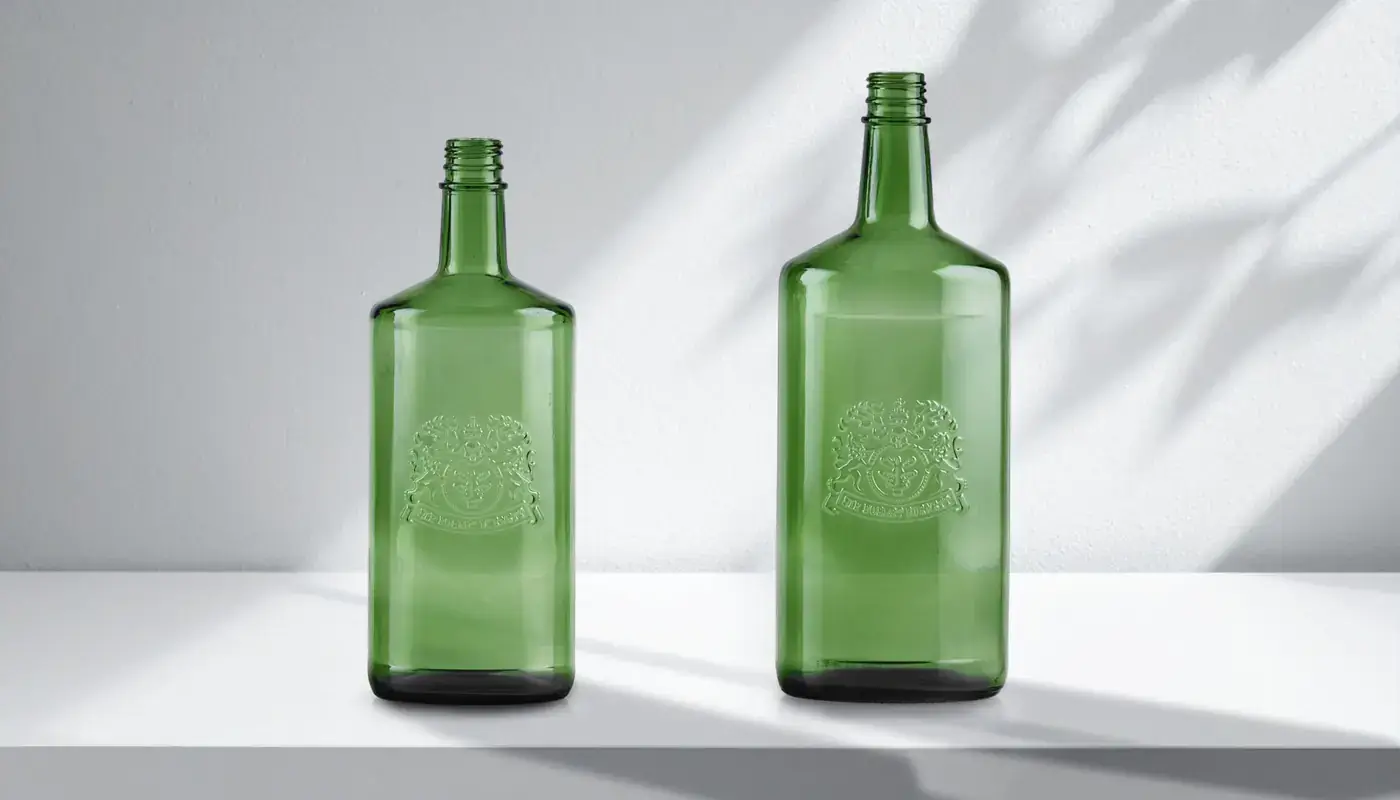 Glass bottles, with embossed/debossed logos for enhanced shelf appeal.