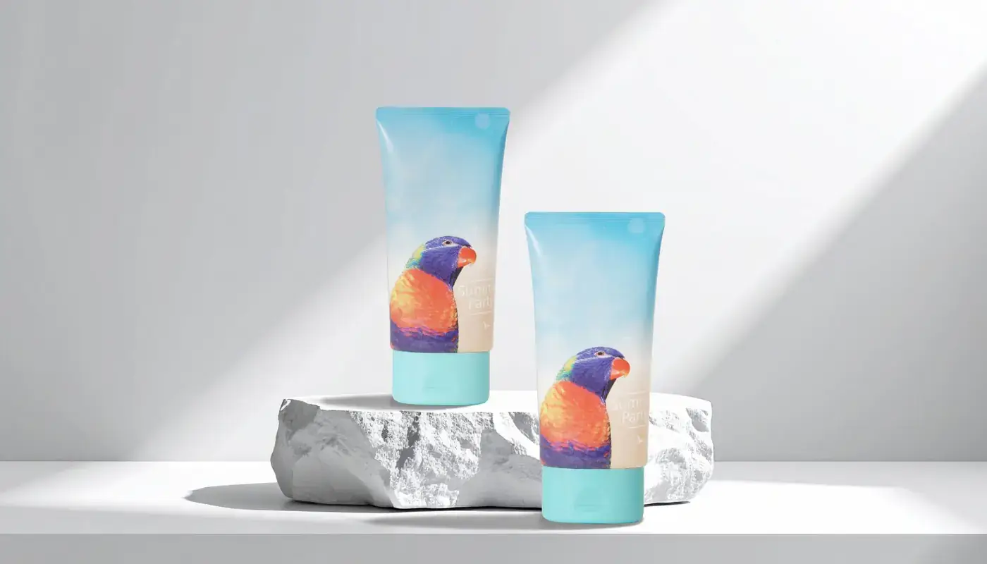 Flexographic decorations on tubes, showing realistic parrots with light blue coloring.