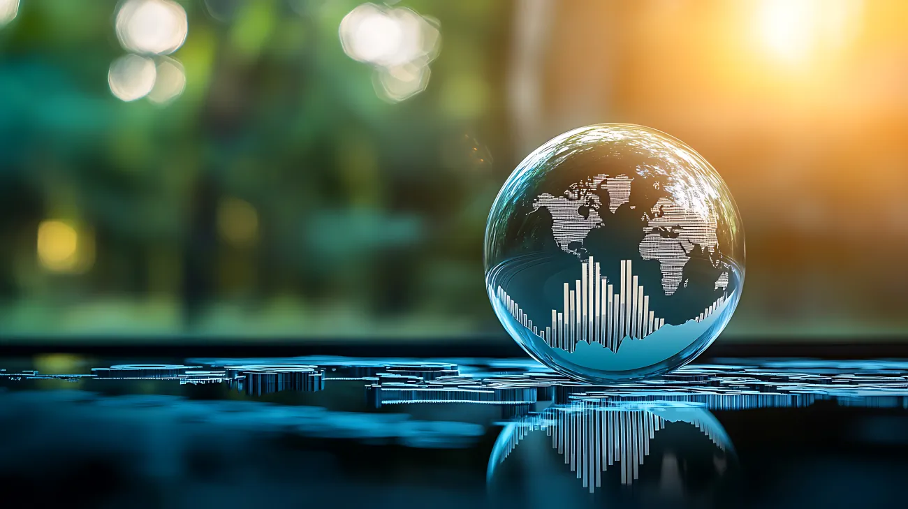 Globe-With-Analytics World globe, with statistics and a green background.