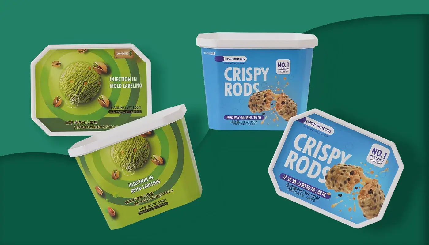 In-mold labeling display, with ice cream cartons decorated and branded by Evergreen.