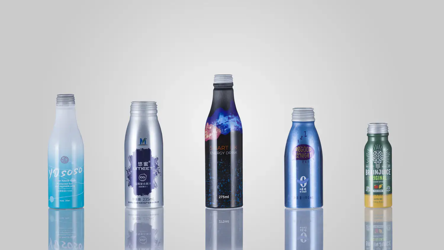 Monobloc one piece metal cans, decorated with light blue colors and branded.