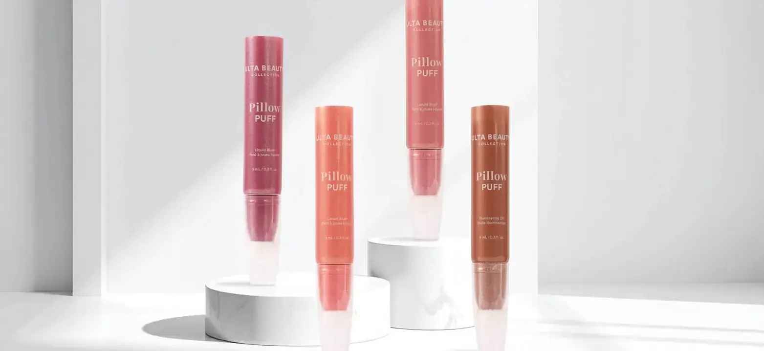 Pearl finish Ulta Beauty pillow puff packaging by Evergreen.