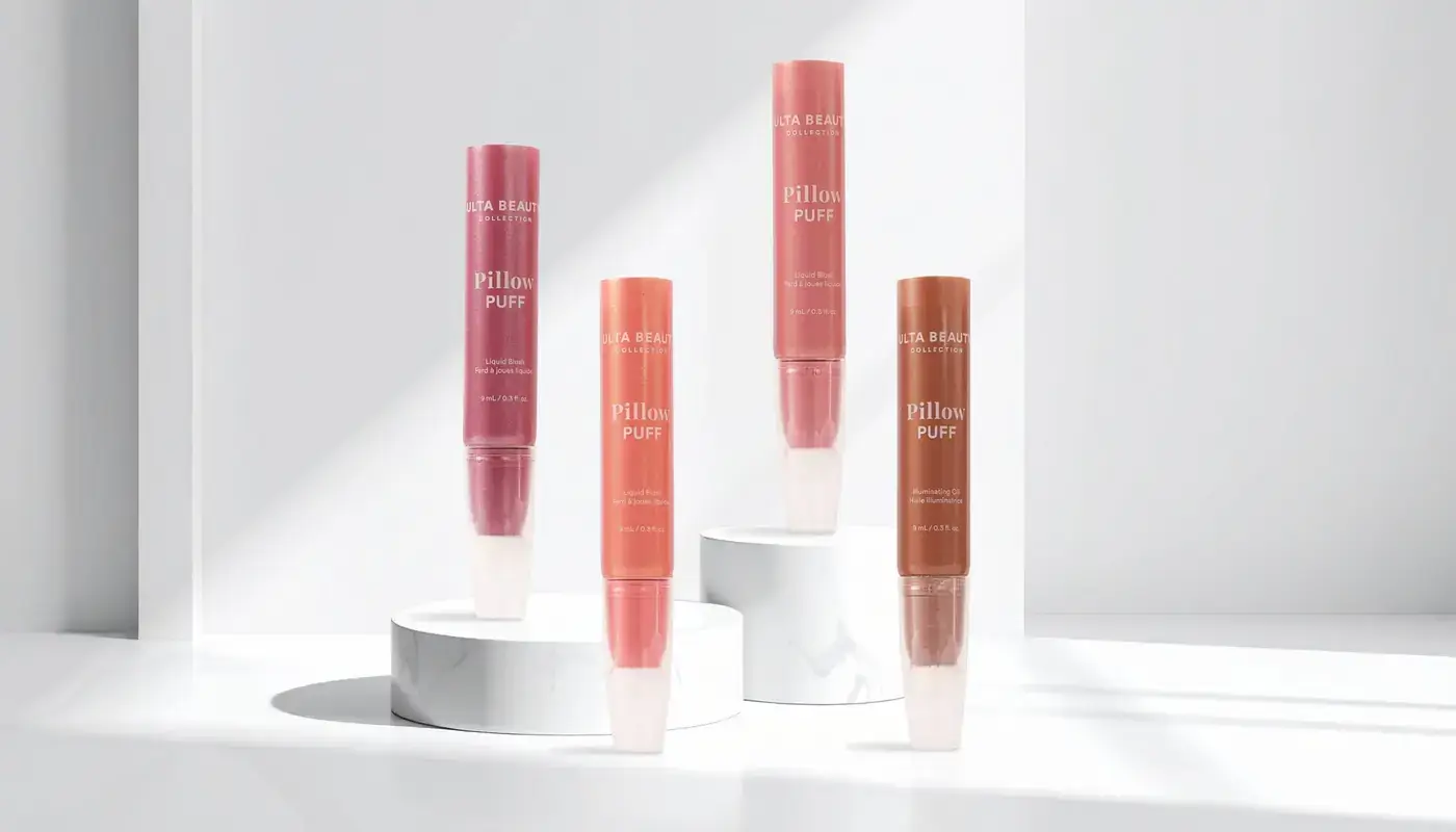 Pearl finish Ulta Beauty pillow puff packaging by Evergreen.