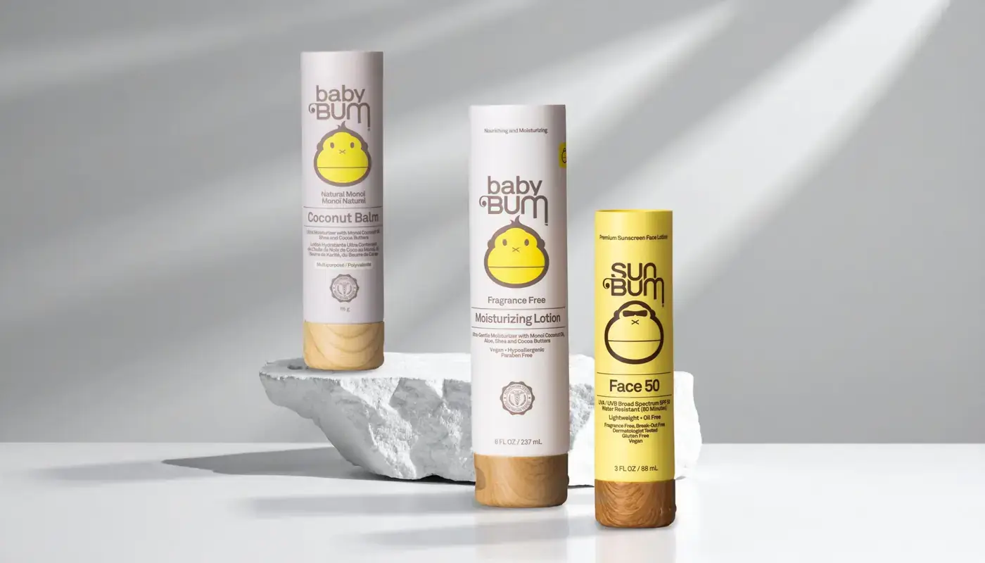 Sun bum branded water transfer decorated tubes and plastic bottles.