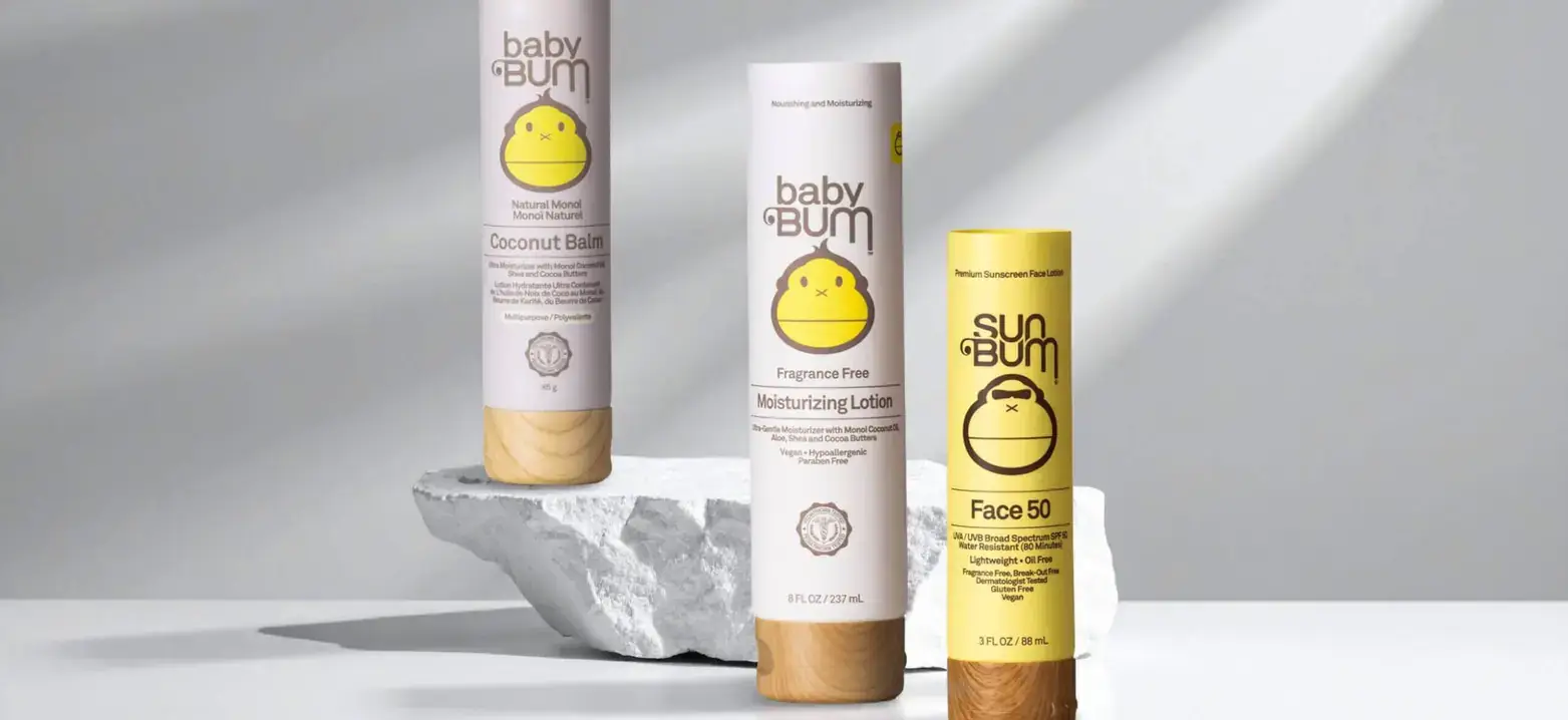 Sun bum branded water transfer decorated tubes and plastic bottles.