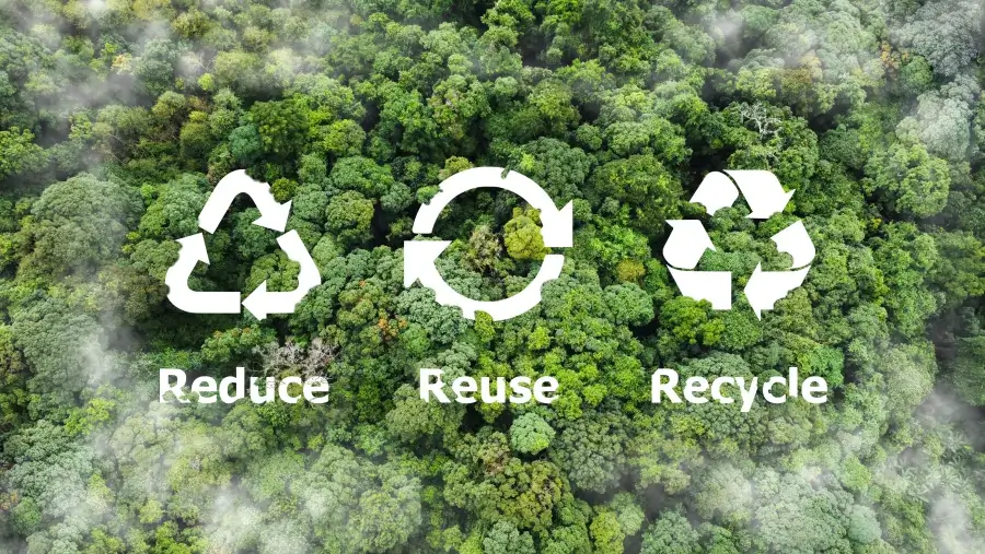 Reduce, reuse, and recycle text with landscape background.