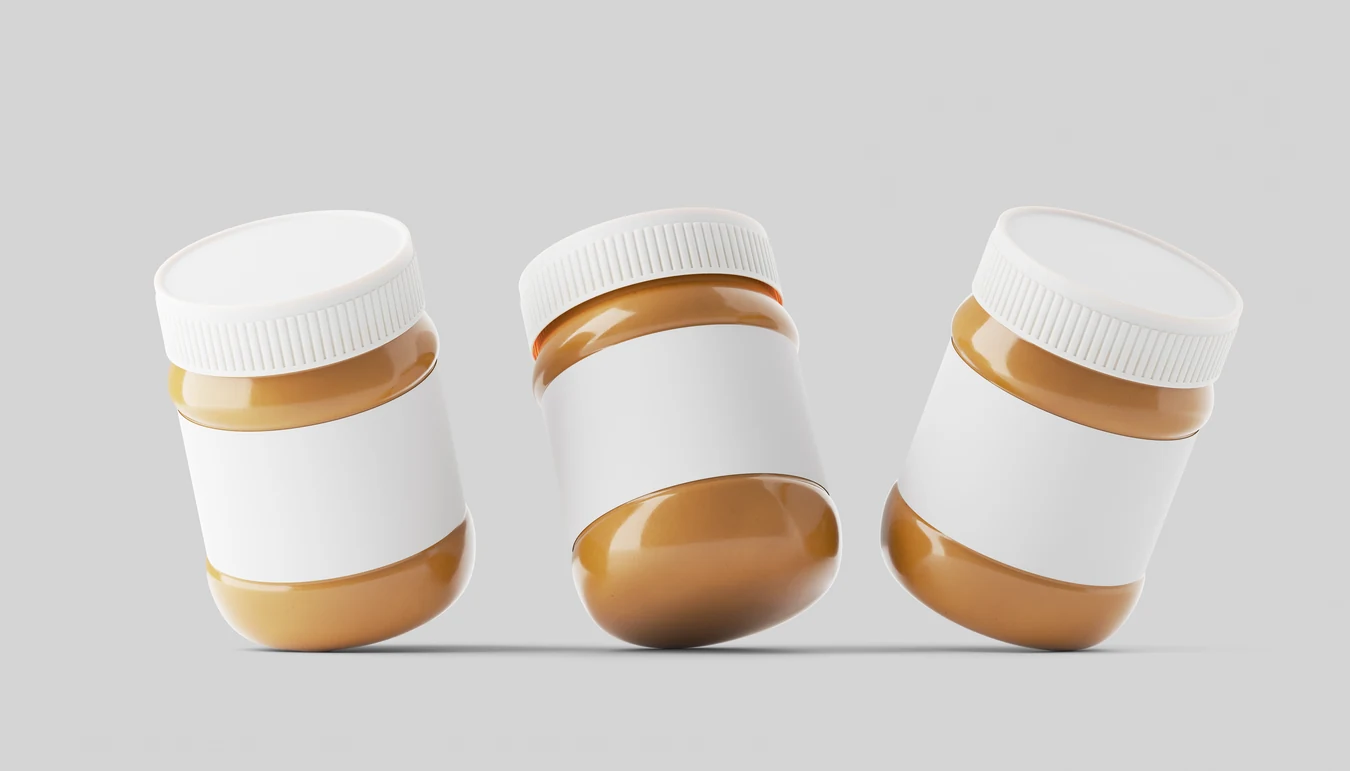 Continuous thread caps on peanut butter jars.