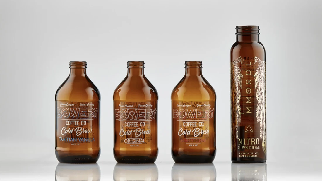 Amber glass type with coffee decorations.