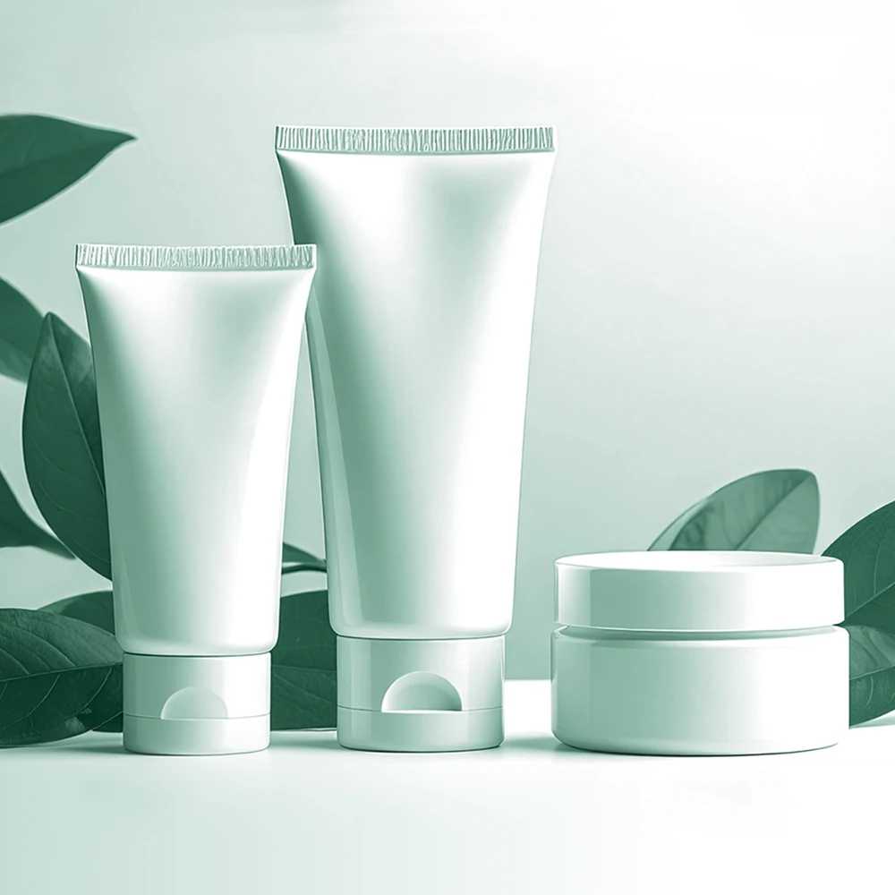 Evergreen plastic bottles and jar with leaves in the background