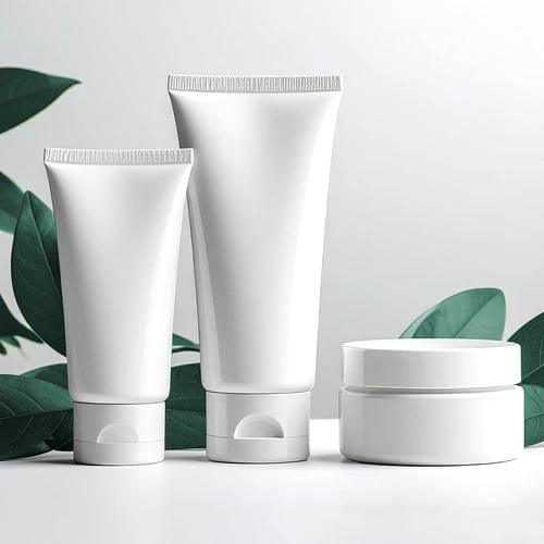 White plastic tubes and jars in front of leaves.