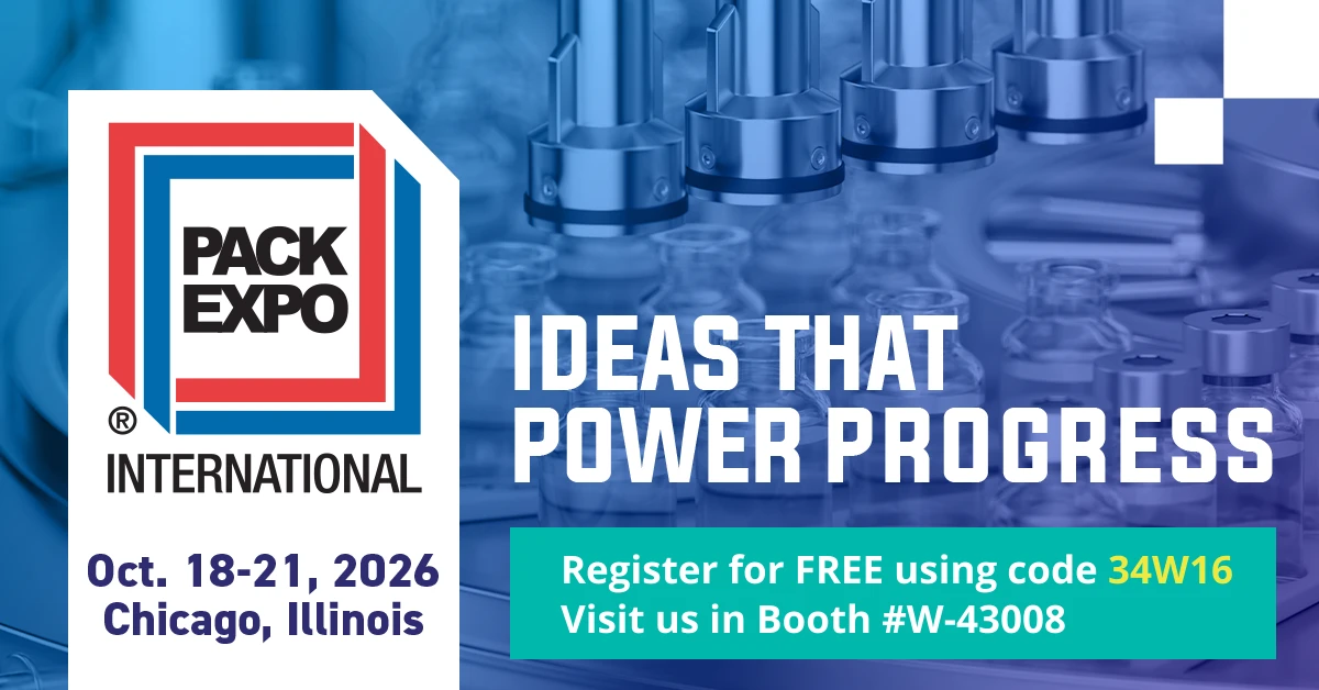 Pack Expo banner 2026, with date, time, and location info.