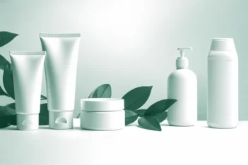 Plastic tubes, a plastic jar, bottle, and dispenser in front of leaves.