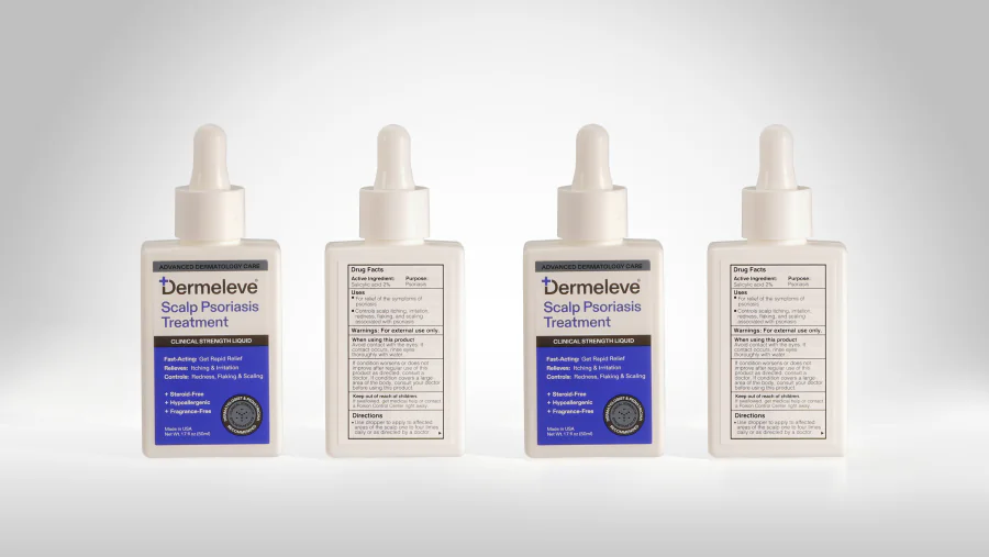 50 mL white rectangular plastic dropper bottles with rounded edges, white bulb dropper closures, and front and back pharmaceutical-style product labels.