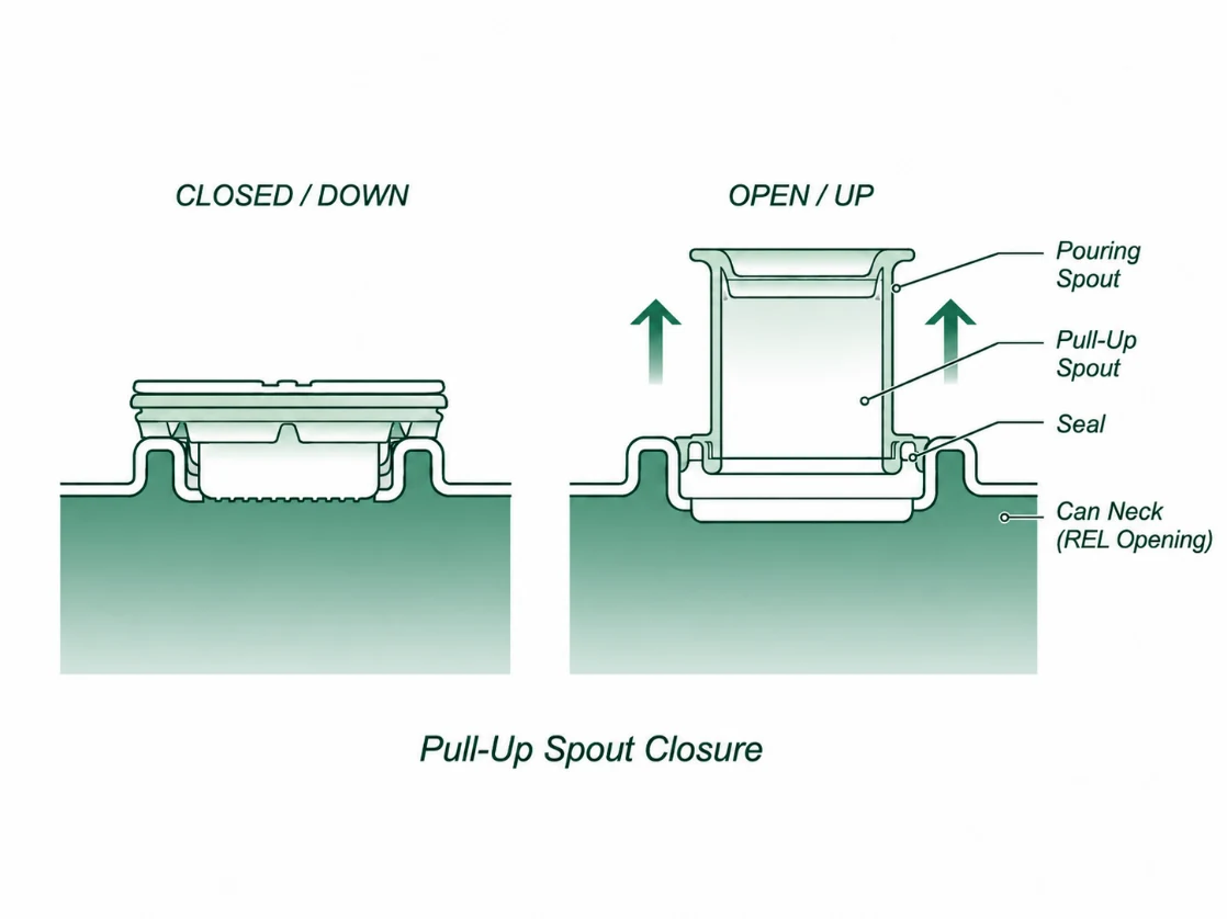 Pull up spout closure graphic with labeling.